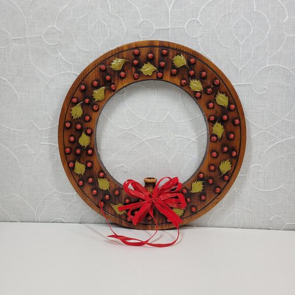 VINTAGE Wood Wreath 11" Brown Red‎ 3-D Accents Candle Holder Christmas Decor - Picture 10 of 16